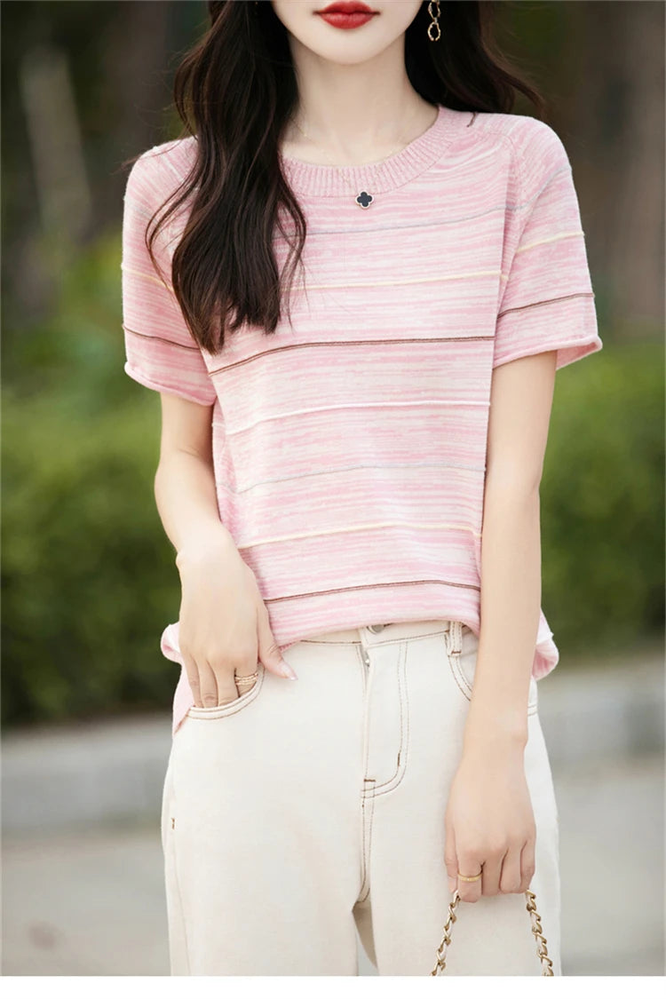 Women's T-shirts Summer New 100% Cotton Short Sleeve Casual Striped Knit Blouse Round Neck Tops Loose Pullover Tees