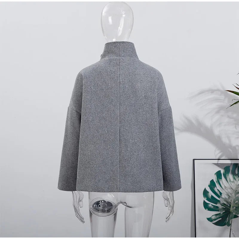 2025 Autumn Woolen Coats Women Casual Double Breasted Stand Collar Female Office Short Jackets Chic Lady Loose Street Outwear