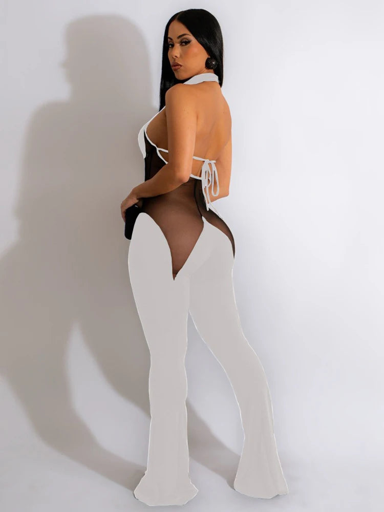 Sheer Lace Halter Flare Jumpsuit