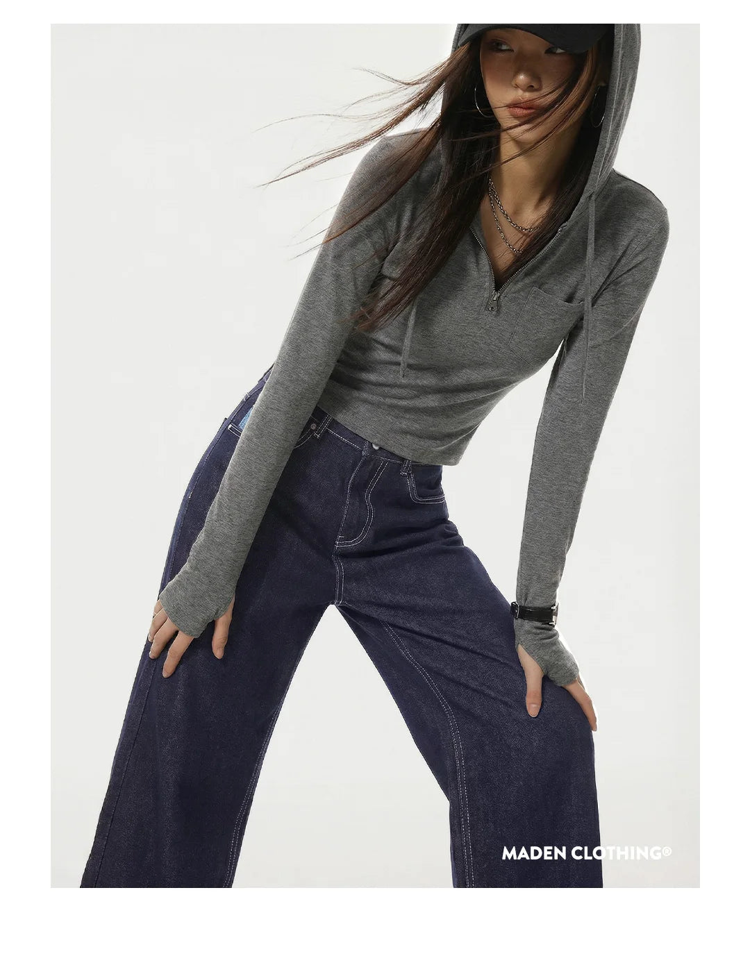 Maden Women's Vintage 12.4oz Washed Denim Jeans Straight Wide-Leg Casual Loose Fit Blue Trousers For Spring and Fall Streetwear