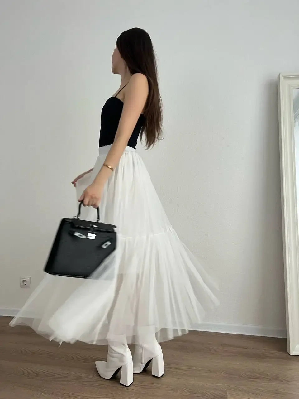 Pleated Lace Cake Midi Skirt