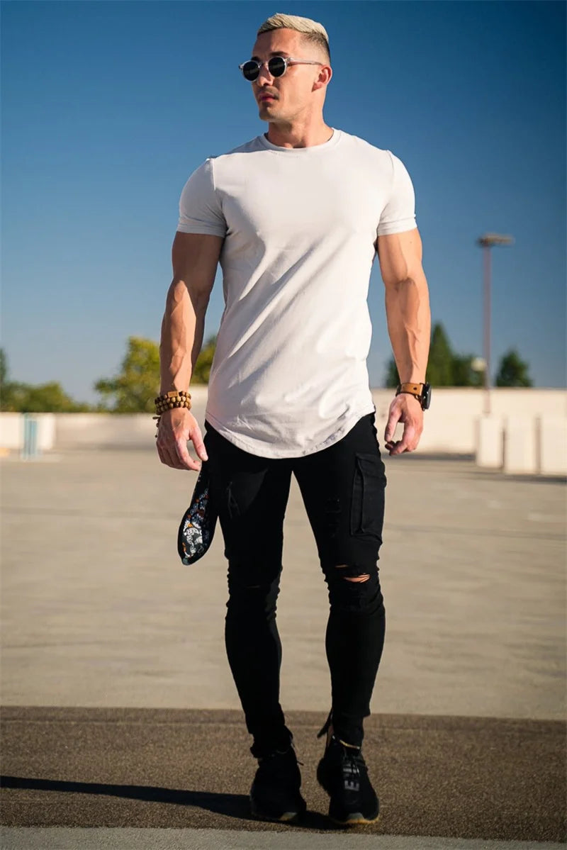 Muscle Training T-shirt Men's Summer Workout Short Sleeve T-shirt High Quality Cotton Fitness Men T-shirt Gym Solid Color Tops