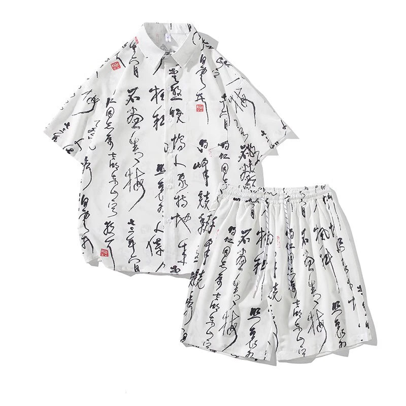 Summer Men's Tracksuit Sets Fashion Print Chinese Style Short Sleeeve Sports Casual Set Men Beach Suits Streetwear Shirts+Shorts