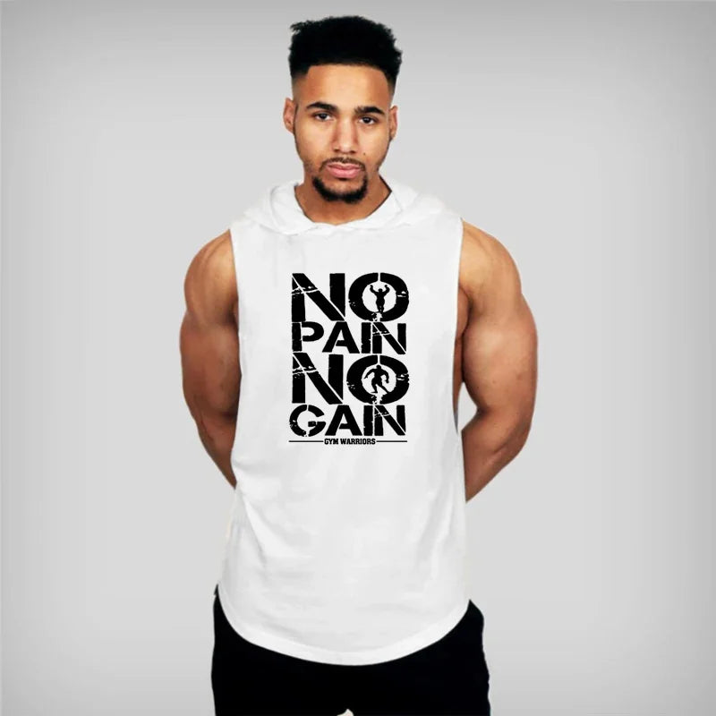 Men’s Fitness Workout Sportswear Tops Bodybuilding Hooded Tank Top Cotton Printed Sleeveless T-shirts Casual Hip Hop Undershirt
