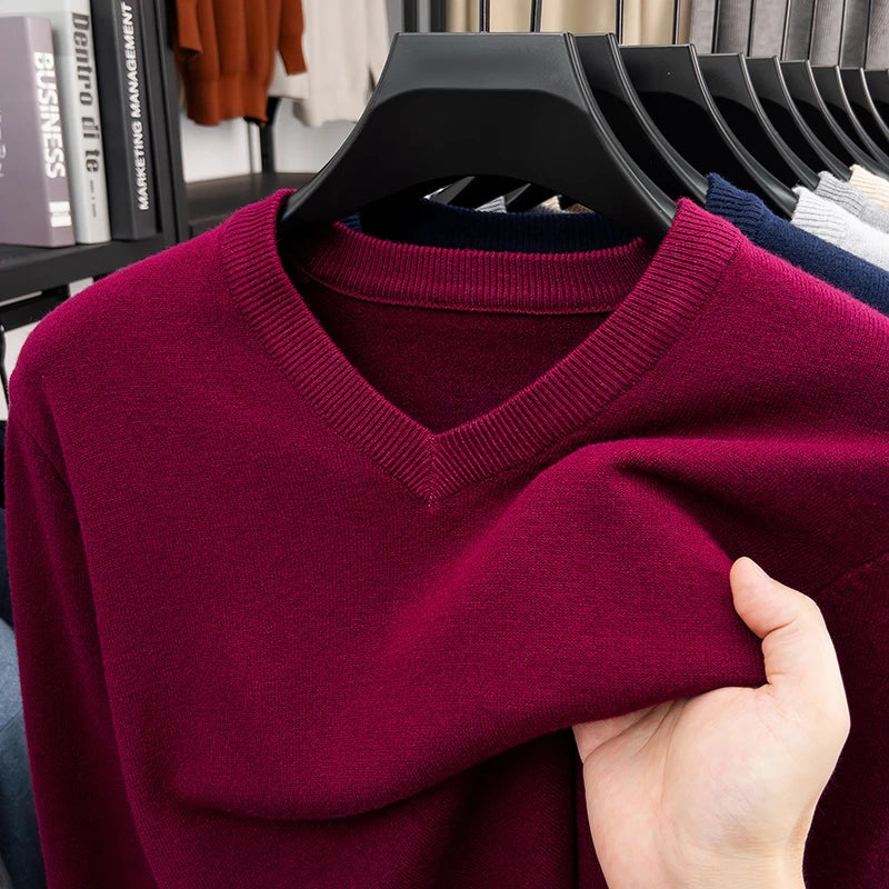 New Sweatwear Men's V Neck Basic Solid Color Sweaters Round Neck Elastic Pullovers Warm Autumn Knitted Oversized Sweater Men