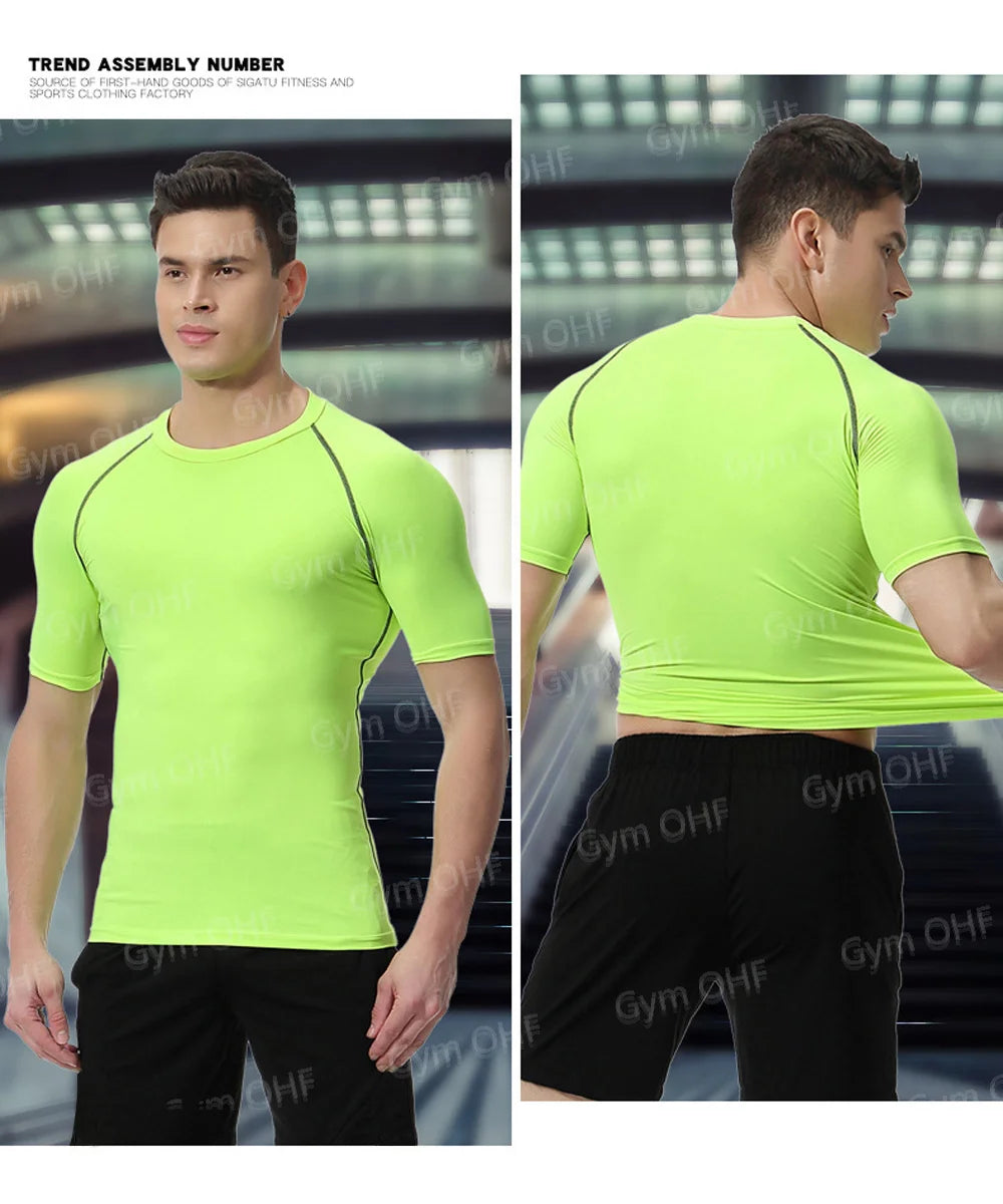 Gym Fitness T Shirt Men's Short Sleeve Summer Boxing Jersey Legging Men Rashguard Compression Pants Quick Dry Tight T-Shirts Men
