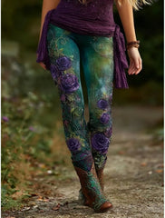 Women's Pants Flower Printed Leggings Cozy Leggings Casual Boho Full Length Elastic Waist Stretchy Vacation Street Daily Wear