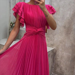 Wedding Guest Dress Elegant Party Long A Line Cap Sleeve Dresses Evening Pleated Off Shoulder Maxi Dress Fuchsia Pink Solid