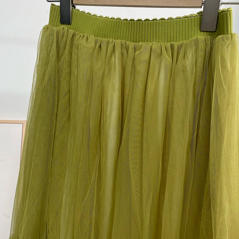 Pleated Lace Cake Midi Skirt