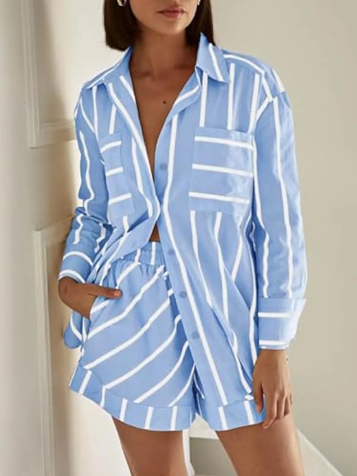 Striped Button Blouse Shorts Set