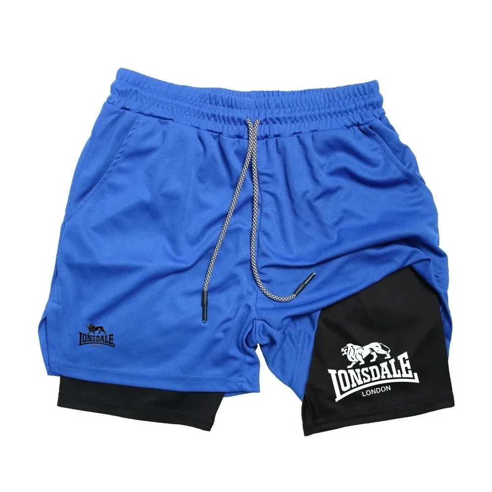 Print 2in1 Running Shorts for Men Gym Workout Compression Shorts with Phone Pocket Towel Loop Summer Sport Athletic Activewear