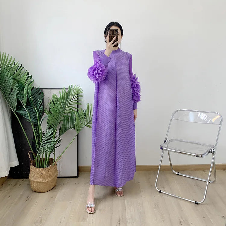 Women Elegant Evening Party Dresses 2025 Summer New Solid Colour Classic Long Sleeve Plate Flower Design Prom Dresses Female