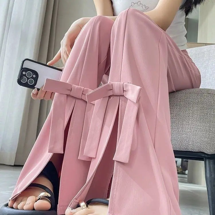 Women's Wide-Leg Pants High-Waisted with Bow Tie Detail Side Slits