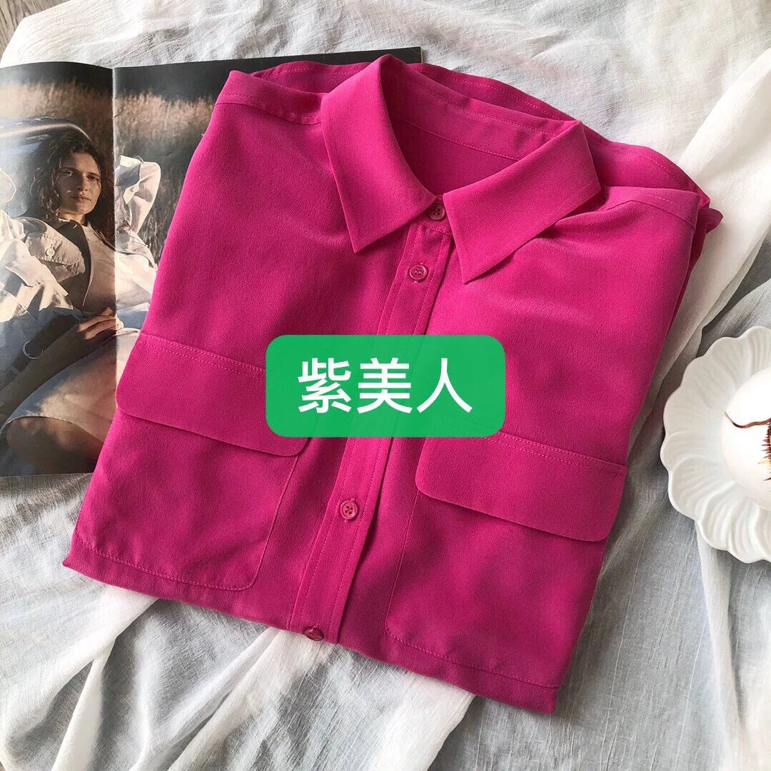 Women Real Silk Shirts Classic Double Pockets Solid Color Casual Fashion Long Sleeve Thin Shirt Blouses Tees