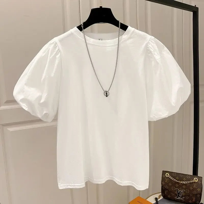 Mujer Cotton Tshirts for Women Summer T-shirts Puff Sleeve O-neck Tees Oversized Tops Fashion Sweet White Tees