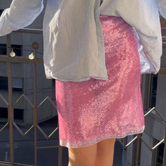 Women's Fashion Midi Skirts Sequins Lace Trim Low Waist Skirts Summer Fashion Bodycon Skirts