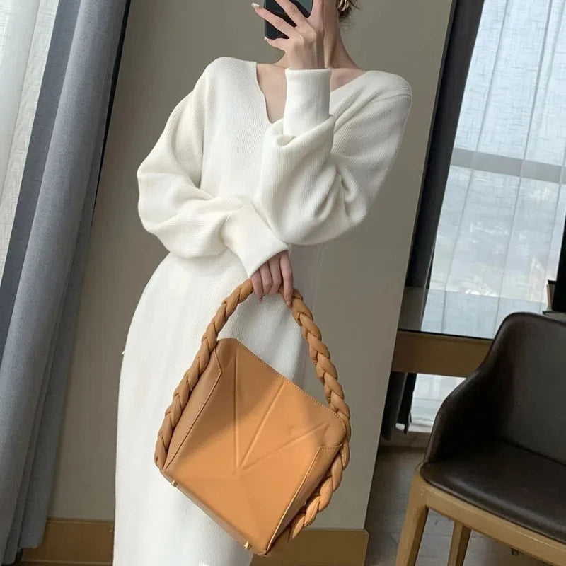 French Knit V-Neck Midi Dress