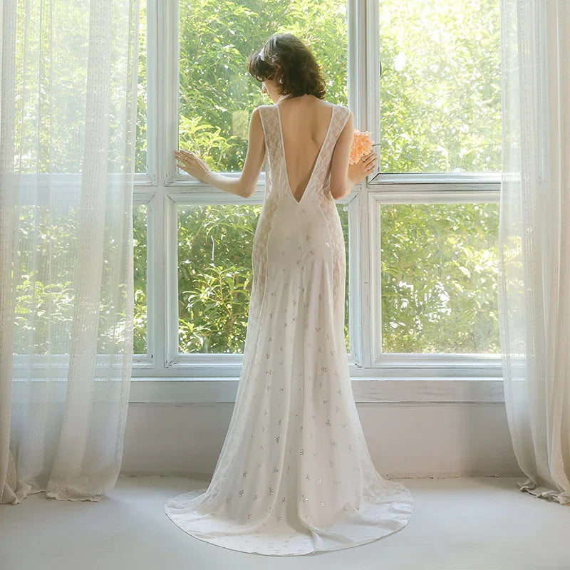 Women's Nightgown Luxury V Neck Sleeveless Night Dress Fashion Slim White Princess Long Dress Summer Ladies Sleepwear Vestido
