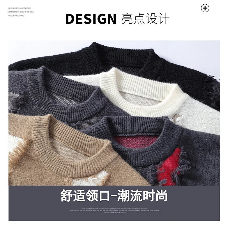 2026 Winter Fashion worn‑out design Sweater Men Casual Knit Pullovers Mens Thick Warm Loose Knitted Sweaters Streetwear Man