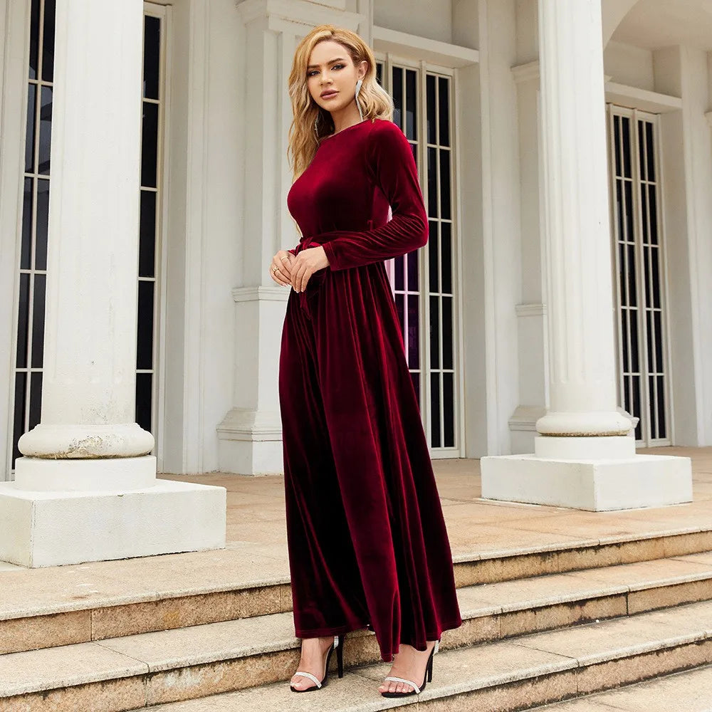 Women's Elegant A-Line Velvet Dress for Wedding Guest Prom Party Wedding Party, Long Sleeve Round Neck Belted Full Skirt