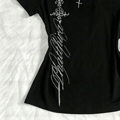 T Shirts Women V Neck Slim Vintage Printing Elegant Grunge Gothic Y2k Aesthetic Harajuku Tops Ladies Casual Tee Shirt