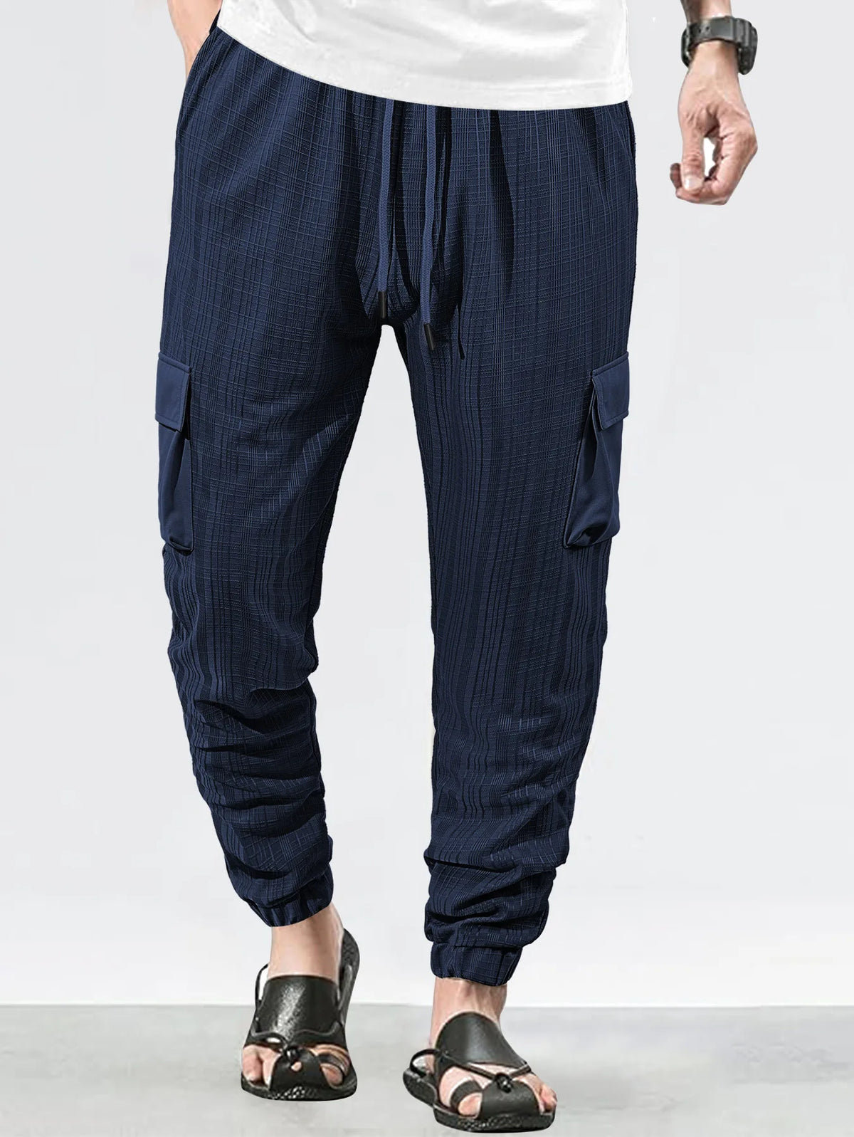 Men's Grid Cargo Joggers Drawstring Elastic Waist Multi Pocket Casual Ankle Length Trousers