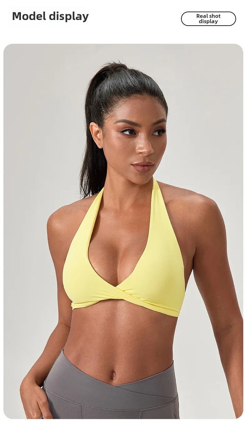 Strappy Bra for Women Open Back Halter Sports Bra Light Support Gym Crop Top Seamless Workout Yoga Top Bra Padded Bras