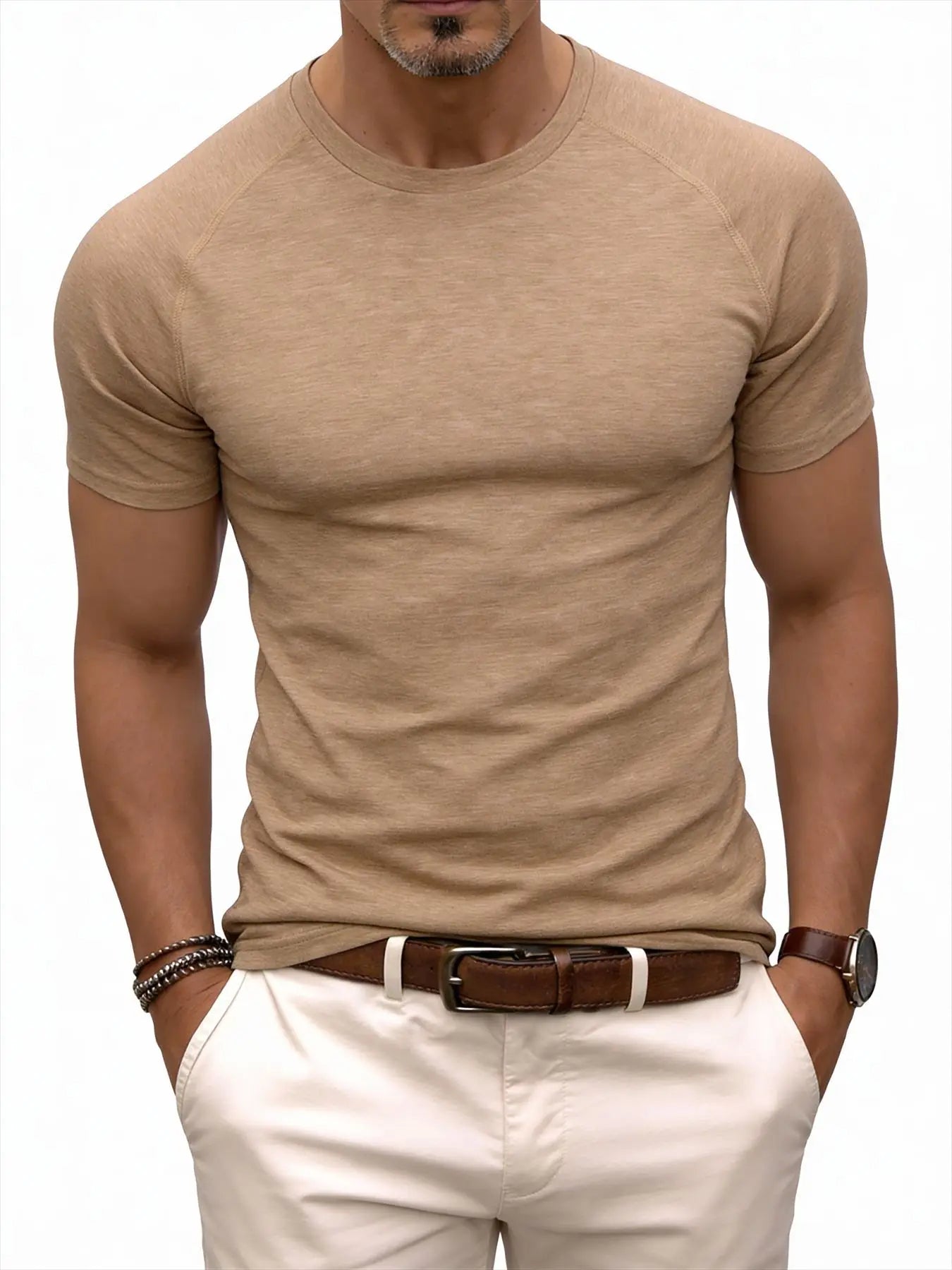 Men's fitness sports T-shirt for training, showing muscles, loose fit, suitable for summer fashion and casual running.