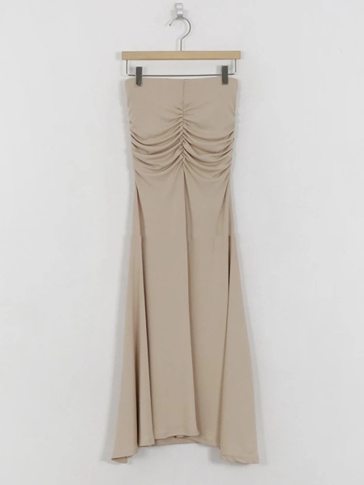 Shirred Satin High Waist Midi