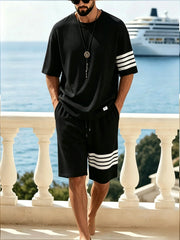 Men's Waffle Knit Tracksuit 4 Striped Short Sleeve T Shirt Drawstring Shorts Casual Summer Two Piece Outfit Set