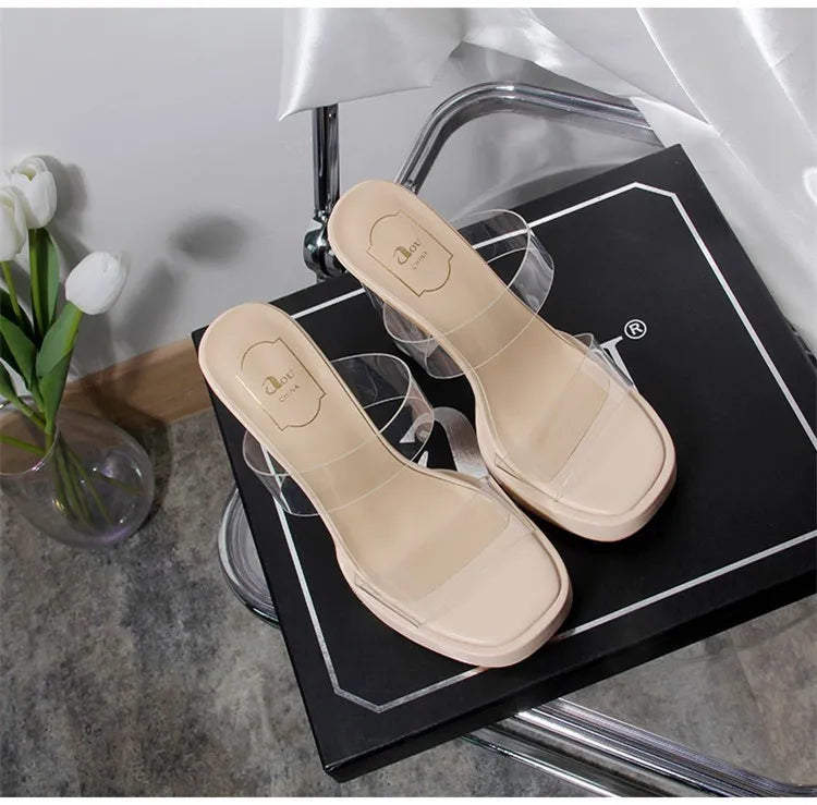 Women's High Heels, 2024 Summer New Waterproof Table with A Line Not Tired Feet Thick Crystal Slippers, Women's Shoes