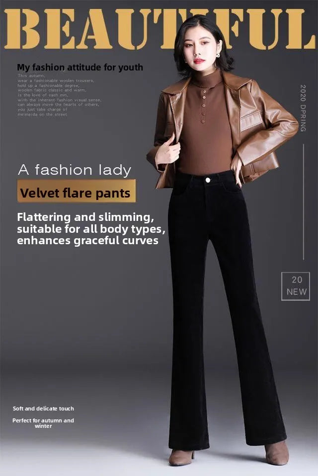 High Waist Corduroy Women's Pants Spring Autumn Winter Fashion Micro Flared Casual Trousers Slimming Warm Long Pants