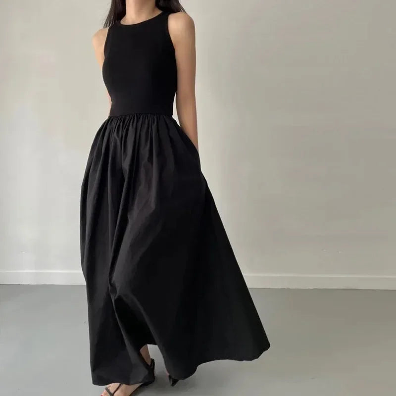 Female Fashion Style Dress New Summer Simple Elegant Black Long Dresses For Women Round Neck Sleeveless High Waist Temperament