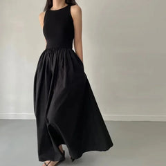 Female Fashion Style Dress New Summer Simple Elegant Black Long Dresses For Women Round Neck Sleeveless High Waist Temperament