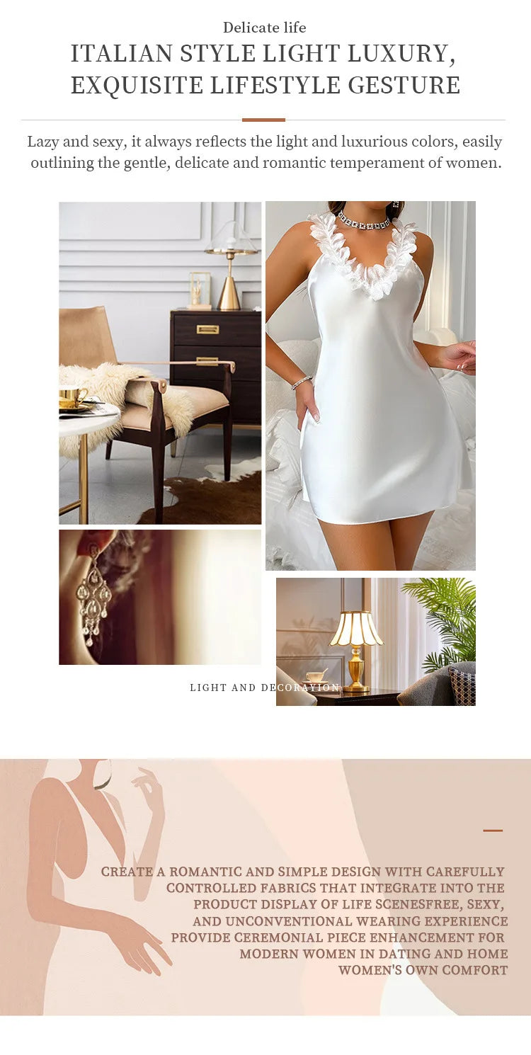 Lace Silk Satin Nightdress for Women Nightgown Summer Contrast Sensual Deep V Backless Split Slip Sleep Dress Pajamas