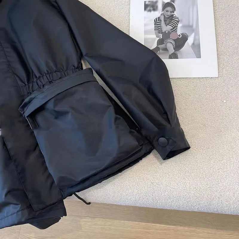 Black jacket for women 2025 autumn new hooded drawstring high-end thin jacket top