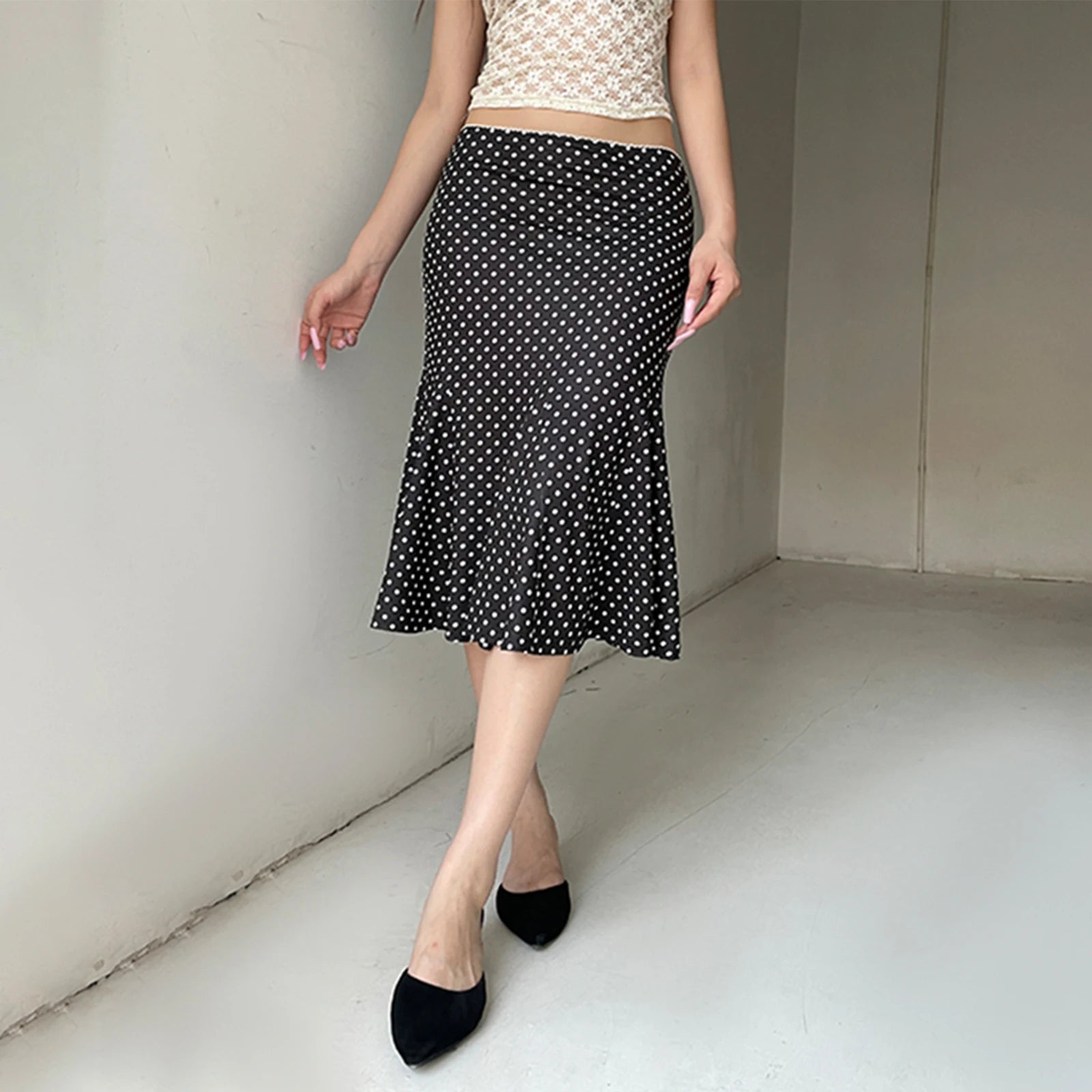 Dot Print Low Waist Skirts Spring Summer Vintage Casual Skirts Women Fashion Midi Skirts
