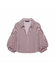 Women Striped Shirts For Women Vintage Elegant Puff Sleeve Summer New High Street Clothes Leisure Single-breasted Lapel Blouse