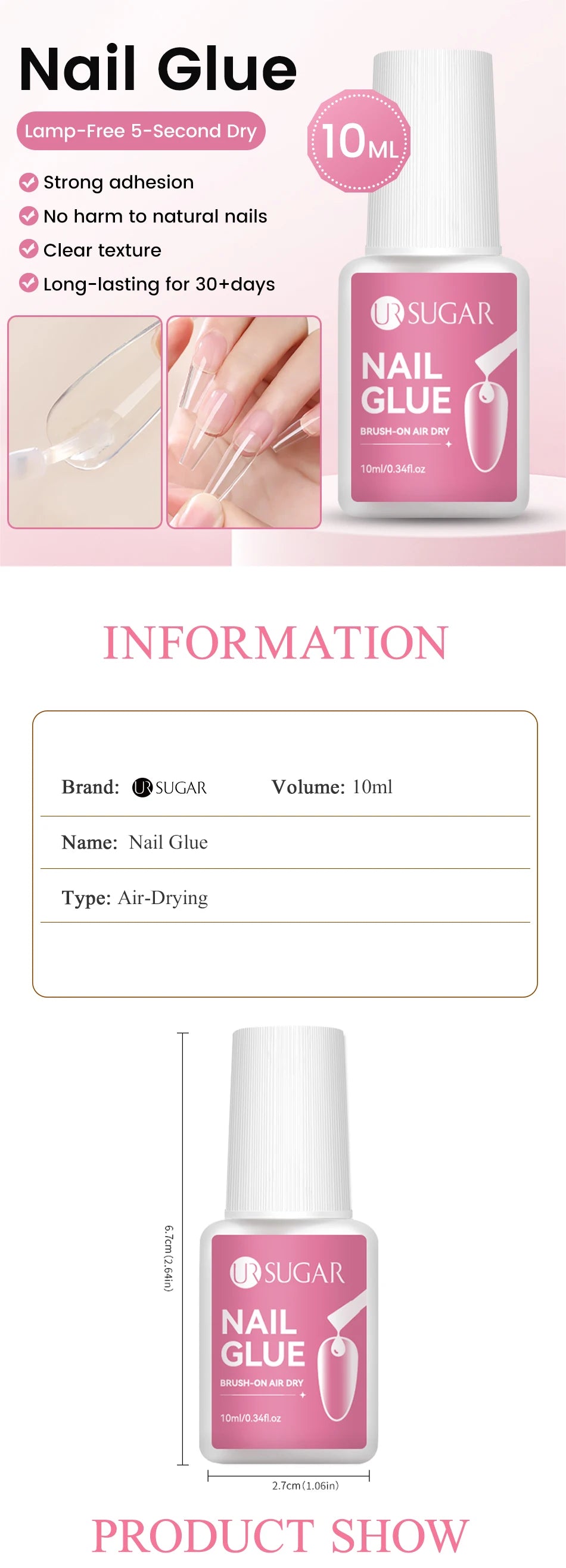 UR SUGAR 10ML Nail Glue No Need Lamp False Nail Tips Gel Cured Clear Color Nails Tools Super Strong Acrylic Tips Rhinestone Bond
