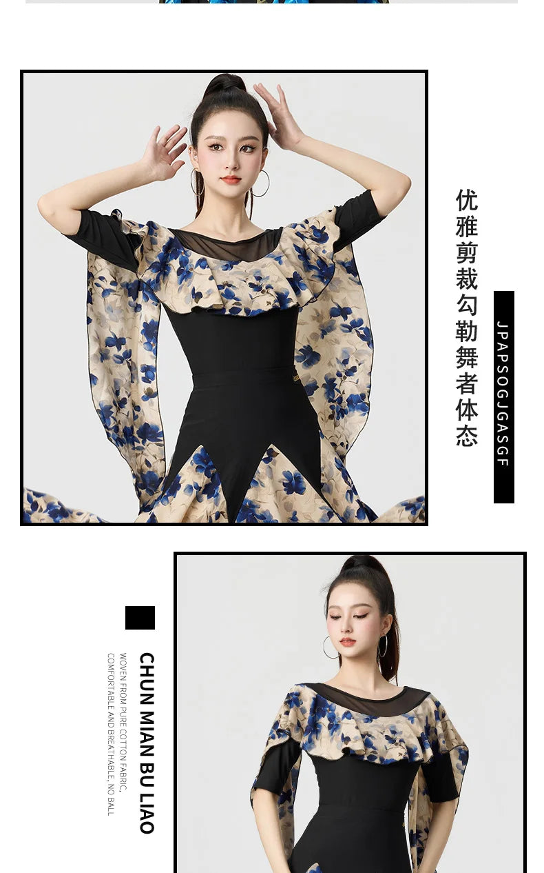 Dancewear Women Tops Summer Fashion Print Latin Line Dance Costume New Products Ballroom Dance Women Top Training Clothes Black