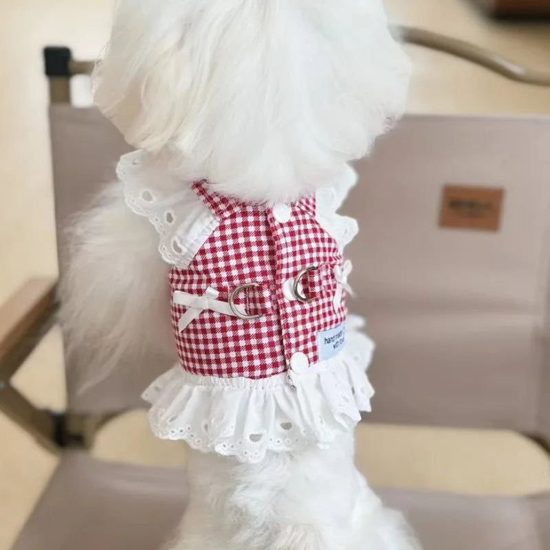 Pet Dog Clothes Lace Skirt Pastoral Style Black Plaid  Harness Puppy Dresses Universal Harness Tractionable Retro Princess Dress