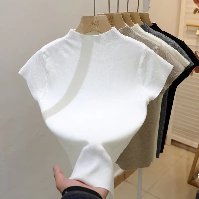 Knitted 2025 New Basic Sweaters Fashion Women Turtleneck Solid Thin Short Sleeve Slim Pullovers Streetwear Bodycon Sweater
