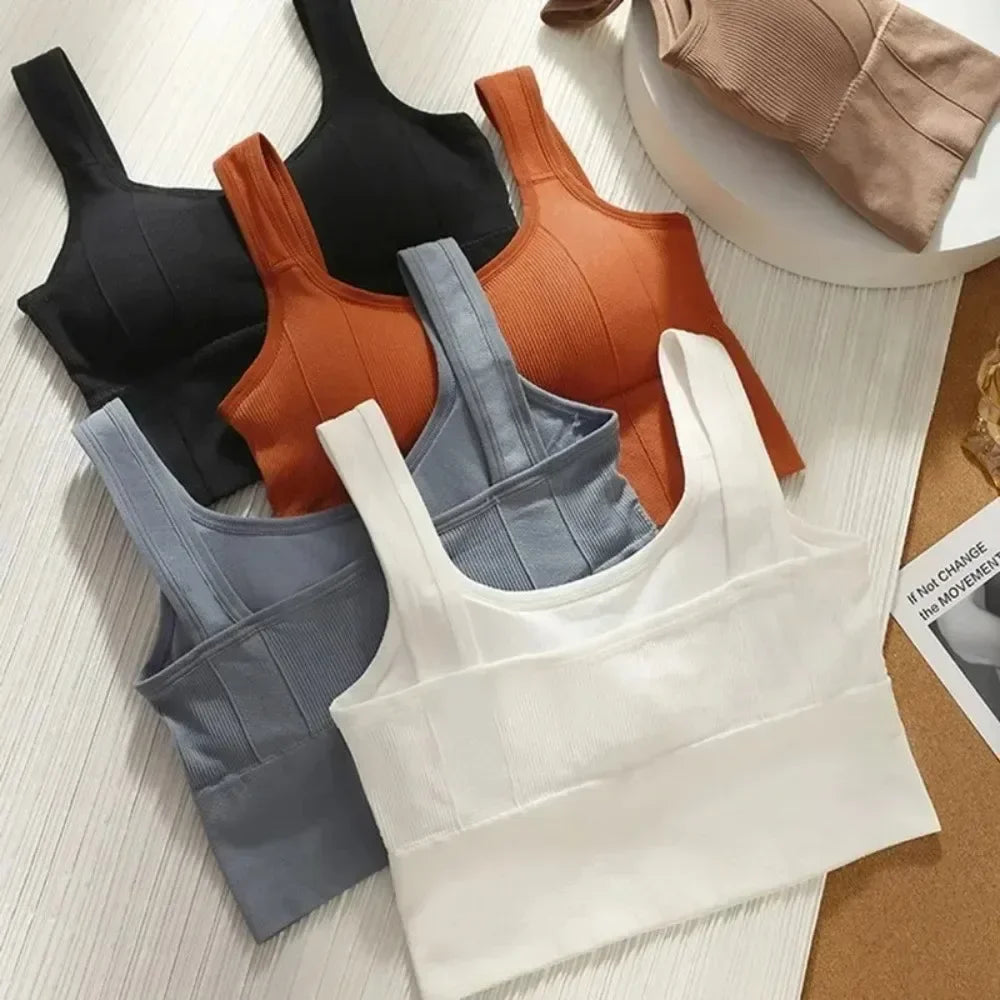Solid Ribbed Sports Bra Workout Shockproof Sports Bra Top With Padded Seamless Sports Bra For Women Push Up Bra Seamless Lingeri