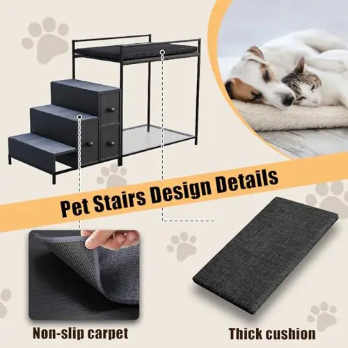 Pet Bunk Bed with Stairs and Storage, Dogs/Cats Window Perch, Bedside Lounge Elevated Dog Bed Multi-Level Platform with