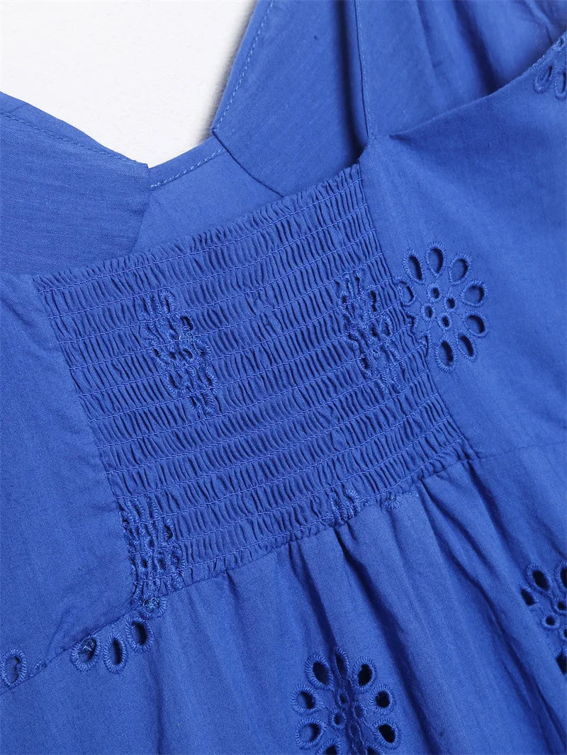 Women Fashion With Ruffled Cutwork Embroidery Mini Dress Vintage Backless Elastic Thin Straps Female Dresses Vestidos