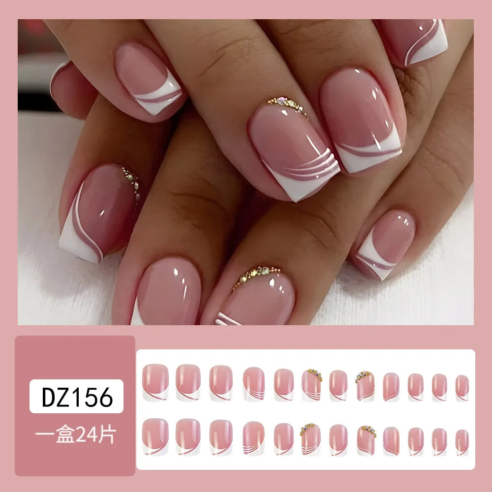False Nail Full Cover Fake Nail Pink Glitter Wearable French Short Nails Square Head False Nail Press On Nails Manicure Tool