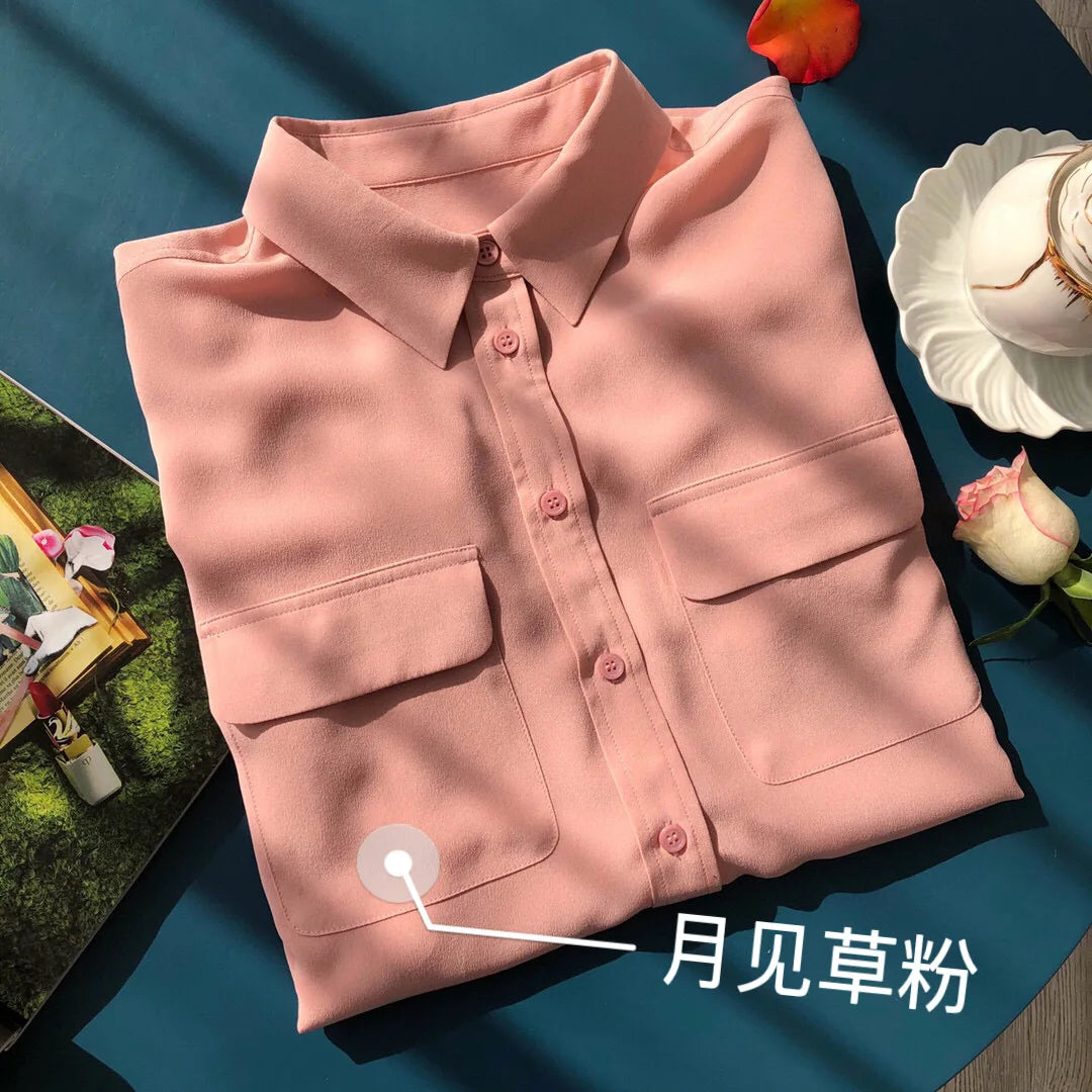 Women Real Silk Shirts Classic Double Pockets Solid Color Casual Fashion Long Sleeve Thin Shirt Blouses Tees