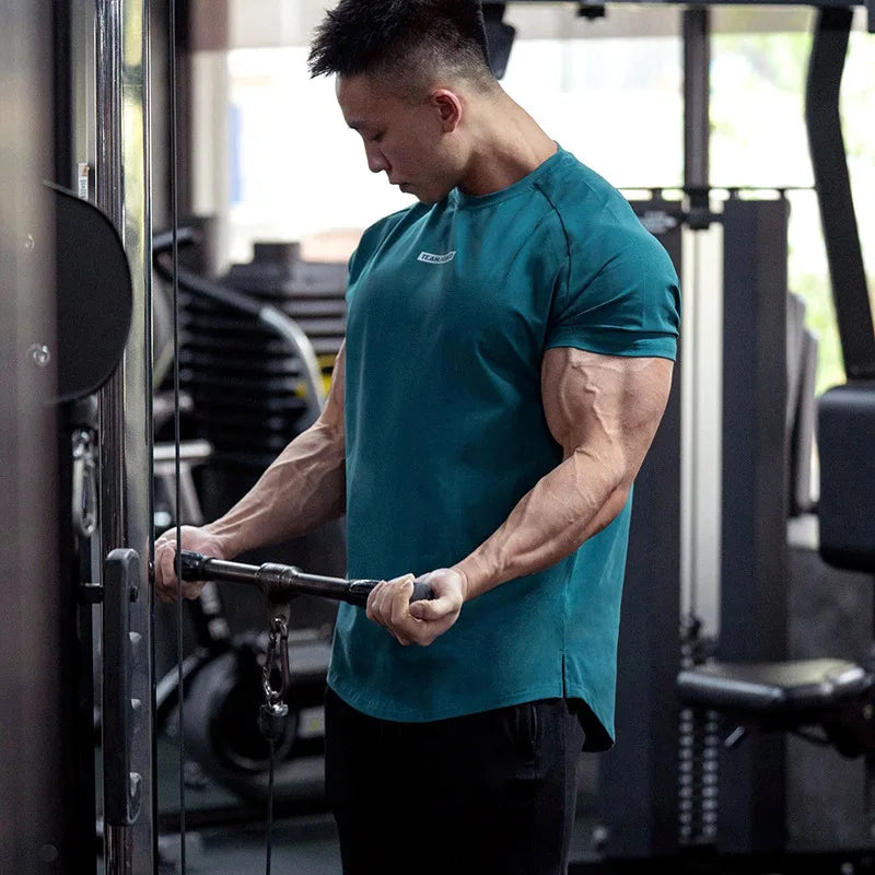 Men's Gym T Shirts Quick Dry Short Sleeve Summer Sports T-shirt Elastic Fitness Workout Tops Casual Bodybuilding Athletic Tee