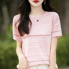 Women's T-shirts Summer New 100% Cotton Short Sleeve Casual Striped Knit Blouse Round Neck Tops Loose Pullover Tees
