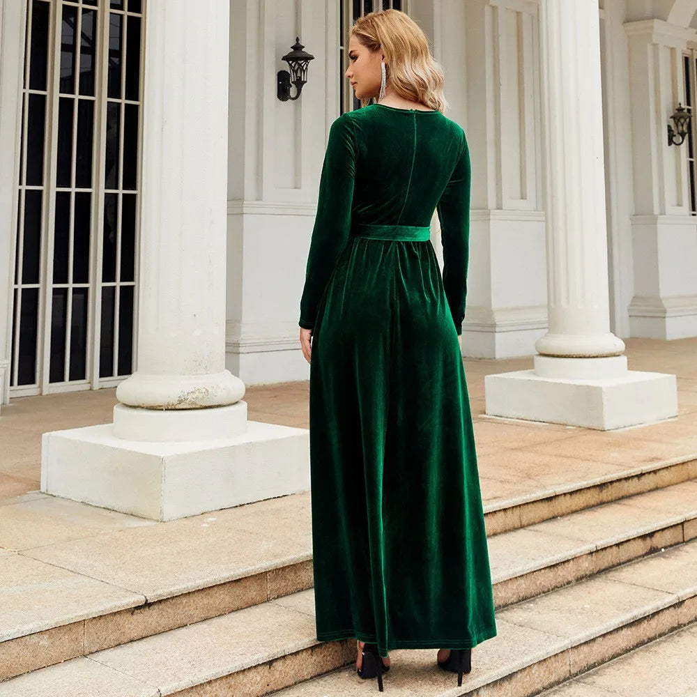 Women's Elegant A-Line Velvet Dress for Wedding Guest Prom Party Wedding Party, Long Sleeve Round Neck Belted Full Skirt
